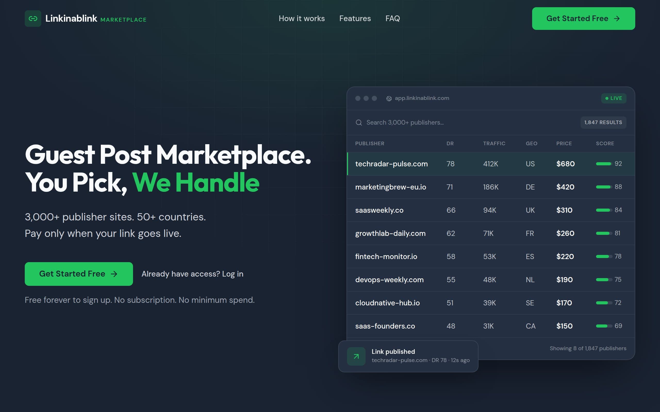 Screenshot of the Link in a Blink marketplace homepage